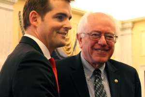 Tommy Sowers, Ph.D., Assistant Secretary for Public and Intergovernmental Affairs at the VA poses for a picture with Senate Committee on Veterans' Affairs Chairman Sen. Bernard Sanders before Wednesday's hearing.  (Jennifer-Leigh Oprihory/MNS)