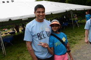 Three-time Scripps speller Vanya Shivashankar and her father Mirle take a second during a Scripps-sponsored Memorial Day barbecue on Tuesday to post for a photo. (Photo Courtesy of Mark Bowen and the National Spelling Bee)