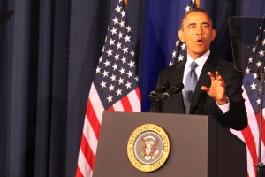 President Barack Obama speaks on American drone policy during a speech at the National Defense University in Washington on Thursday. (Jennifer-Leigh Oprihory/MEDILL NEWS SERVICE)