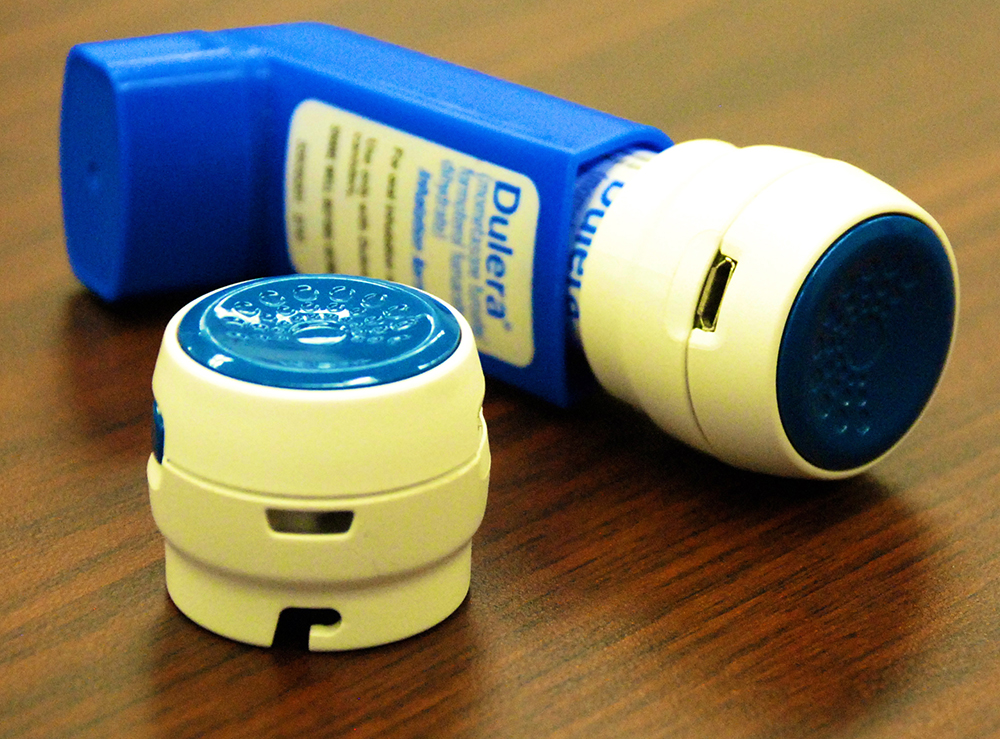A sensor on this inhaler relays real-time data to a mobile app for iPhone and Android that tracks medication usage, including the time and place where the drug is administered.