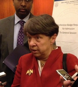 Securities and Exchange Commission Chairman Mary Jo White addresses reporters after a speech to stock traders. KATIE PERALTA/MEDILL