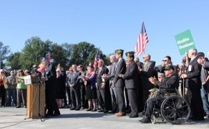 The Military Coalition gathers at the WWII Memorial Tuesday to call for an end to the government shutdown. Andrea Mayeux/Medill 