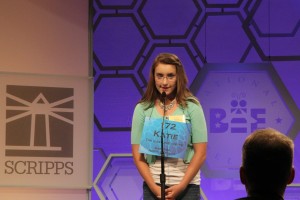 Katie Danis, 14, successfully spells two words on stage on Wednesday, but did not make it to the semi-finals.  (Anna Bisaro/MNS) 