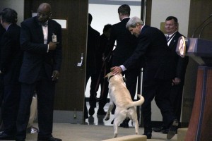 Secretary of State John Kerry shares a moment with Ben after giving a speech at the “Take Your Child to Work” event on Thursday. Yinmeng Liu/MEDILL