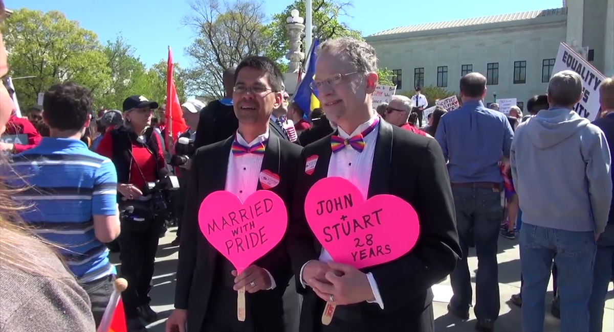 Same-sex marriage advocates and protesters descend upon Supreme Court steps for landmark case