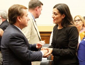 Jacqueline Isaac greets U.S. Rep. Ed Royce R-Calif, chairman of the House Foreign Affairs Committee, after the hearing. (Medill/Mary Lee)