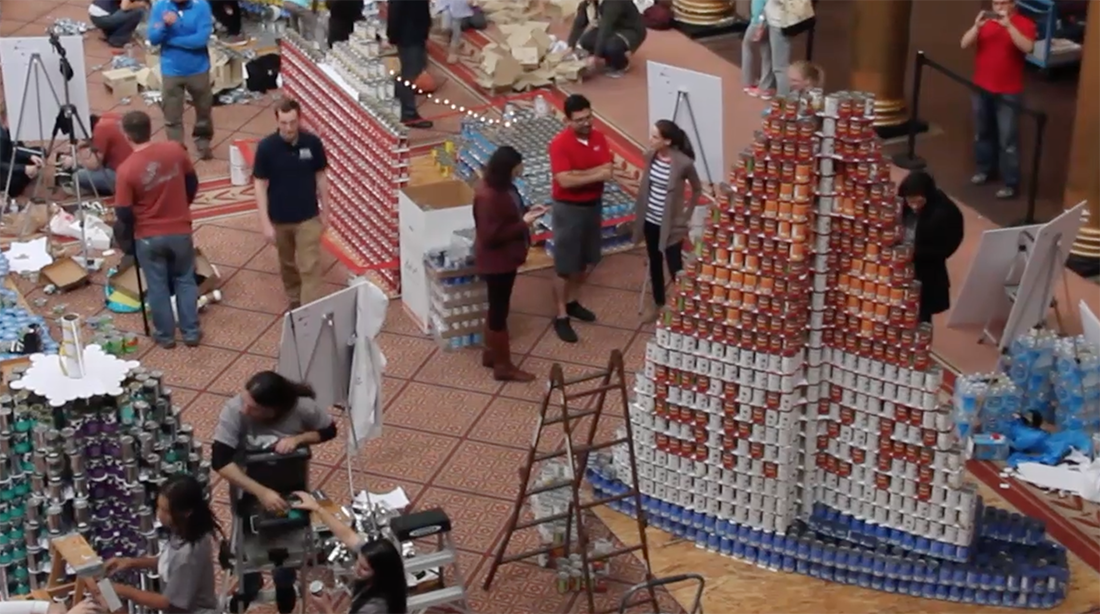 Design teams build structures using cans to benefit the needy