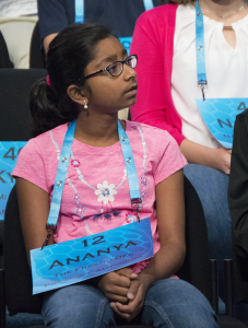 Ananya Vinay, 11, of Fresno, California, spelled "arenaceous" correctly in Round 2 before missing "multivalent" in Round 3. (Steve Musal/Medill)