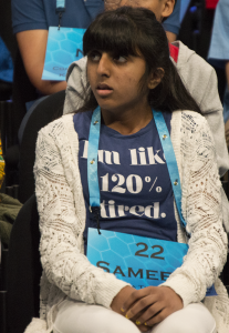 Sameera Hussain, 12, from Porterville, California, made it to the third round of the 2016 Scripps National Spelling Bee. She spelled "Conestoga" correctly but missed "Probative." (Steve Musal/Medill)