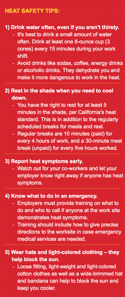 A resource from the 99 Calor website that recommends how to prevent heat illness. Courtesy of 99 Calor, part of OSHA. 