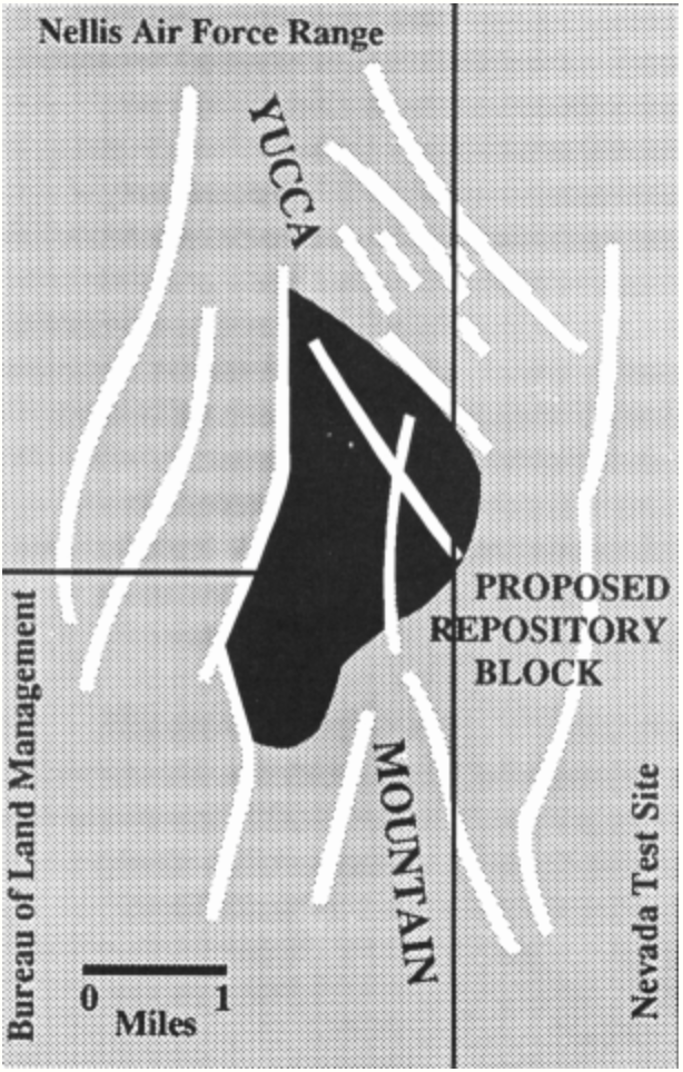 Illustration of the fault lines the repository Yucca Mountain are located by. Photo courtesy of the State of Nevada. 