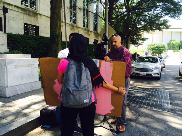 Code Pink protest outside of the U.S. Embassy of the Kingdom of Saudi Arabia on Tuesday, August 23. (Danielle Prieur/Medill News Service)