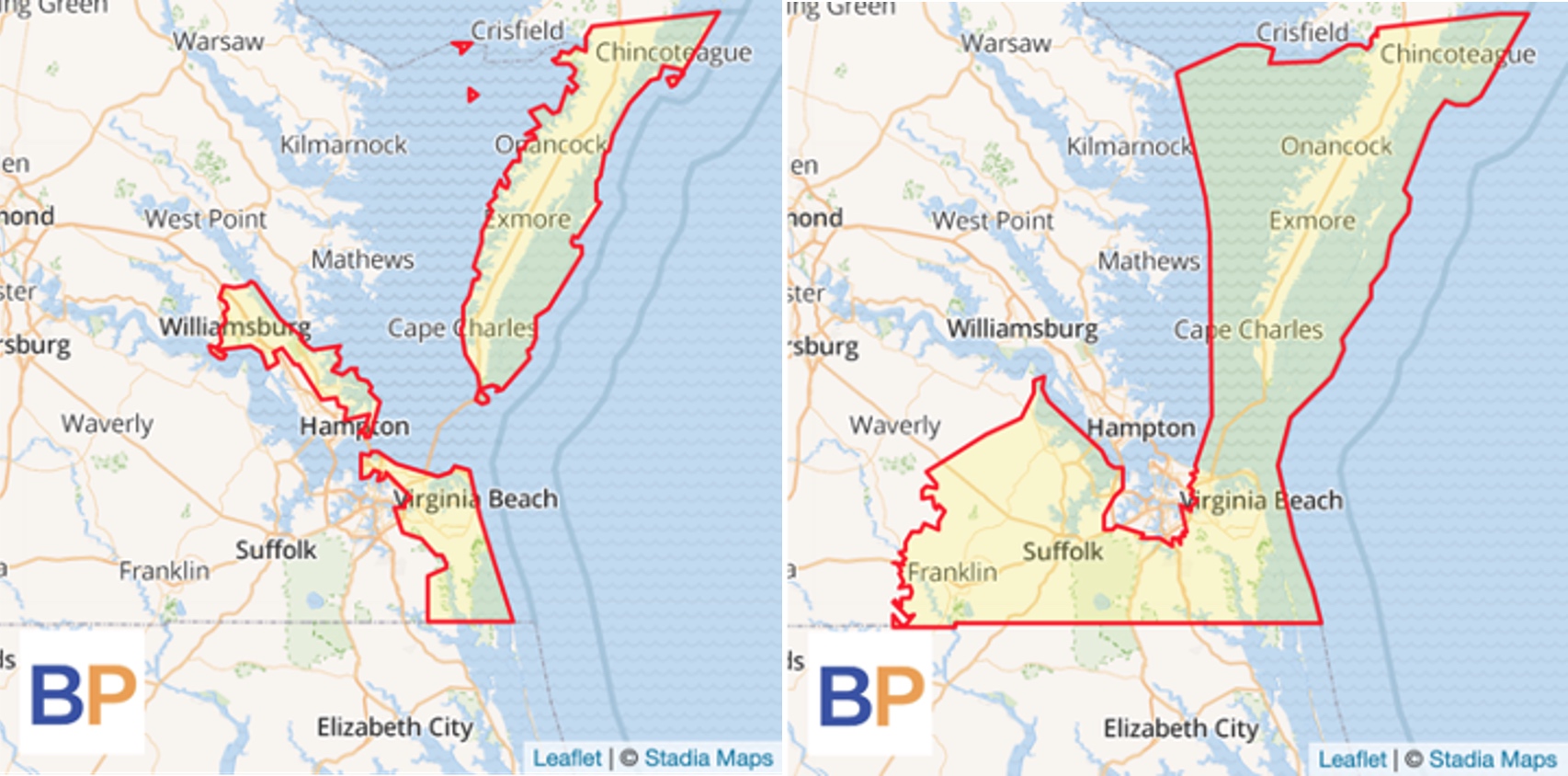 Two maps showing the old (left) and new (right) maps of Virginia's 2nd Congressional district. Both maps highlight land close to the eastern coast of Virginia.